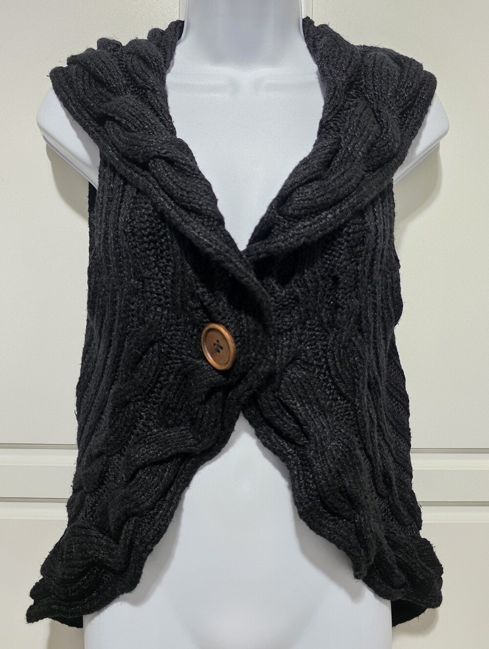 Pink Rose Womens Black Cable Knit One Button Front Sweater Vest Boho Ramie Blend